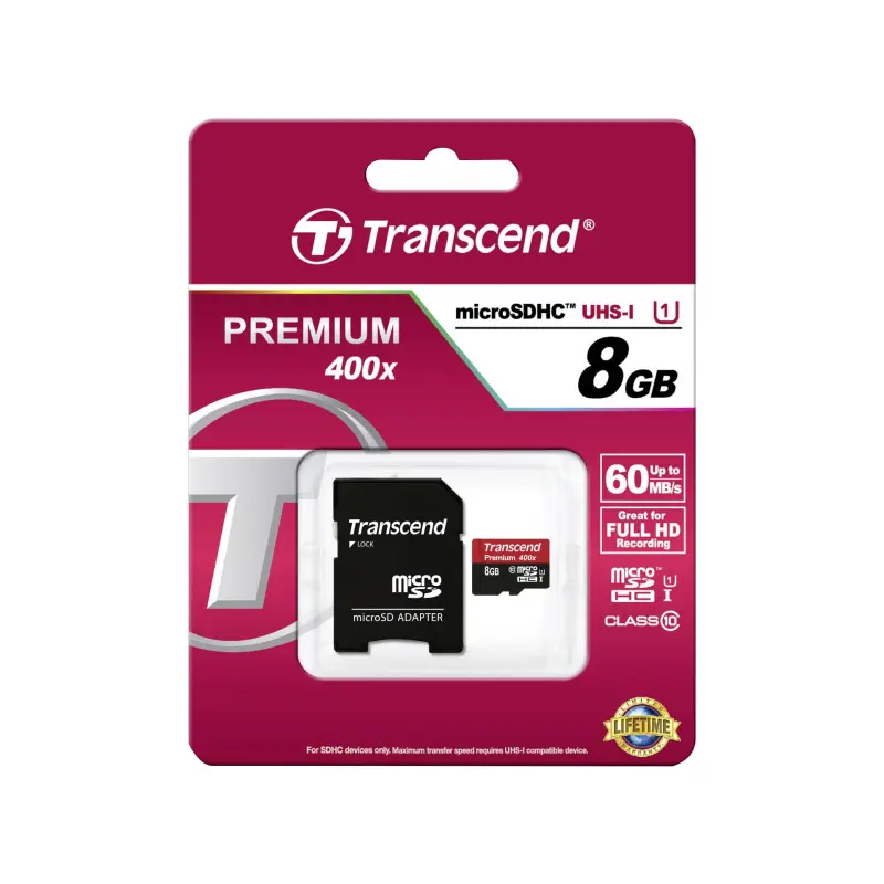 Karta pamięci  Transcend microSDHC          8GB Class 10 UHS-I 400x + adapter SD