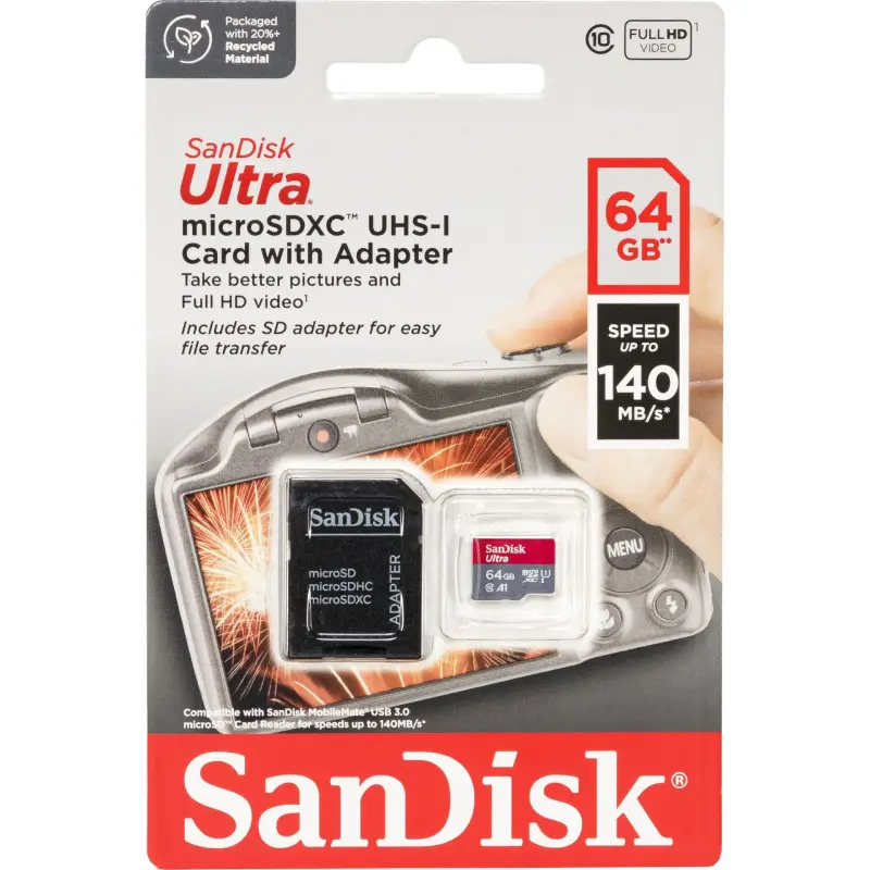 Karta pamięci  SanDisk Ultra microSDHC     64GB 140MB/s.Adapt.SDSQUAB-064G-GN6IA