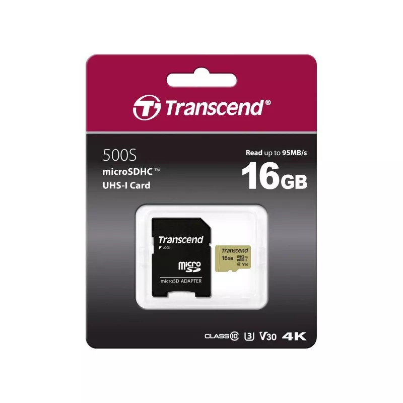 Transcend microSDHC 500S    16GB Class 10 UHS-I U3 V30 + adapter