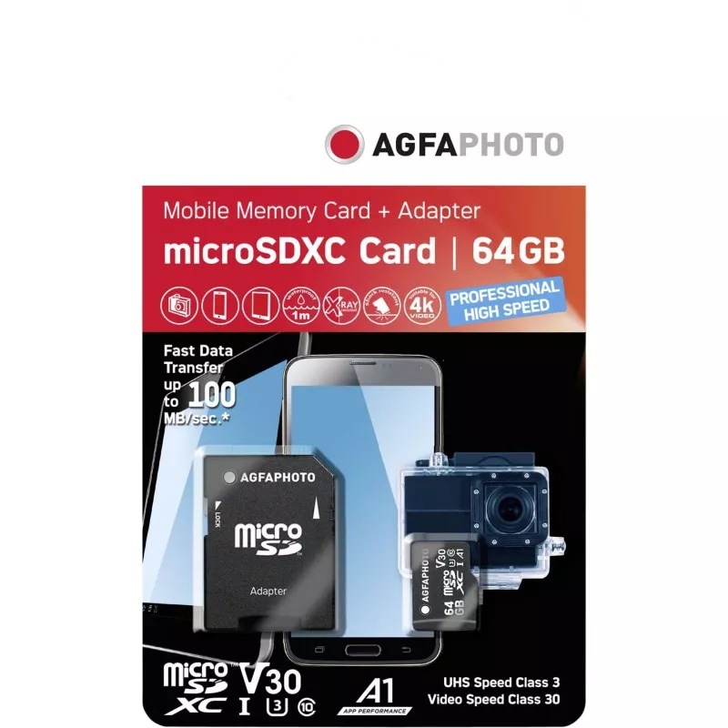 AgfaPhoto MicroSDXC UHS-I   64GB High Speed C10 U3 V30 + Adapter