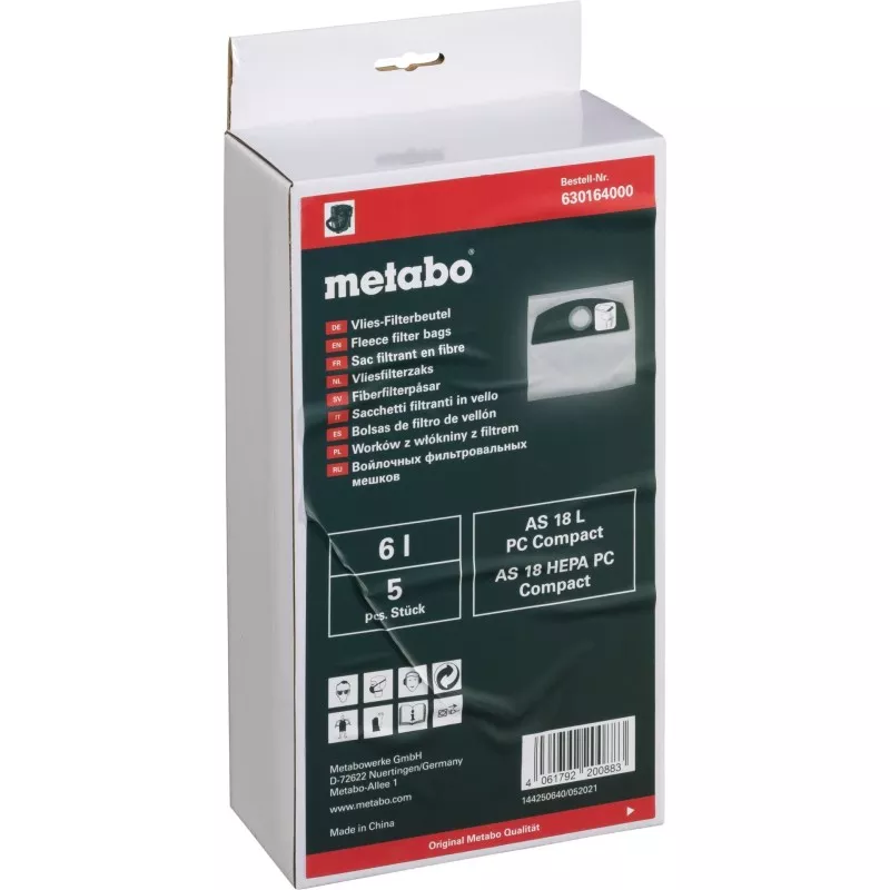 Metabo 5 Fleece Filter Bags 6l AS 18l PC Compact