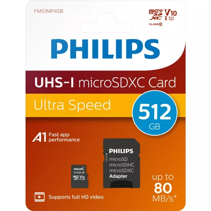 Philips MicroSDXC Card     512GB Class 10 UHS-I U1 incl. Adapter