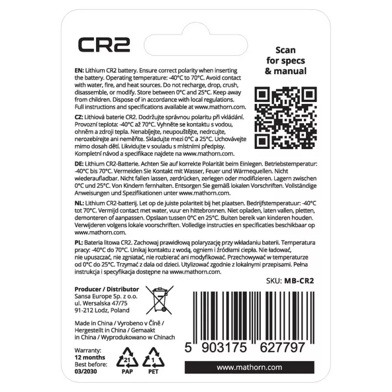 Bateria litowa Mathorn Ultimate CR2 1000mAh Lithium