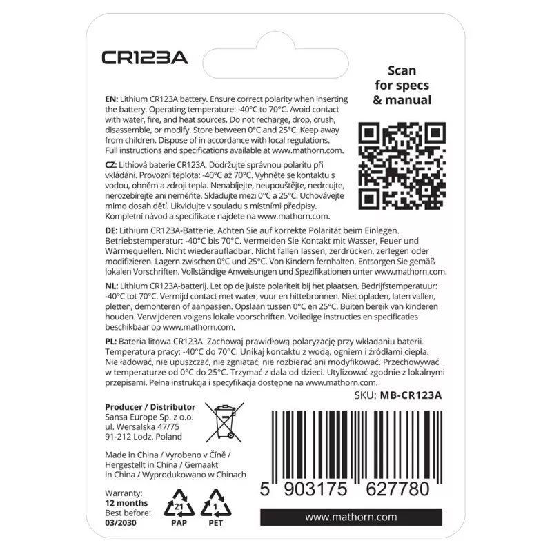 Bateria litowa Mathorn Ultimate CR123A 1500mAh Lithium