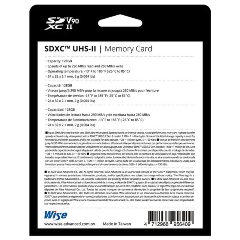 Wise SDXC UHS-II V90       128GB R:290MBs / W:260MBs   WI-SD-N128