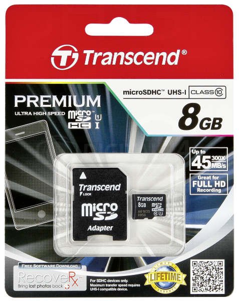 Karta pamięci Transcend MicroSDHC 8GB Premium 300x Class 10 UHS-I + adapter