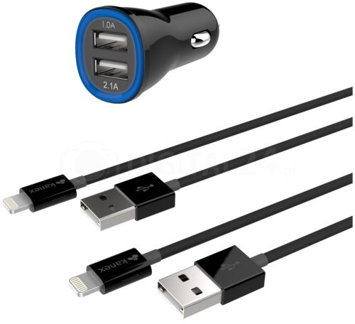 Ładowarka Kanex samochodowa 2x USB + 2x kabel Lightning czarna